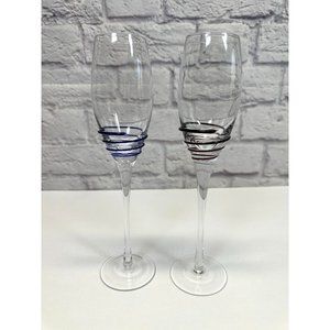 Pier 1 Set of 2 Swirl Long Stem Champagne Flutes Burgundy & Blue 10"